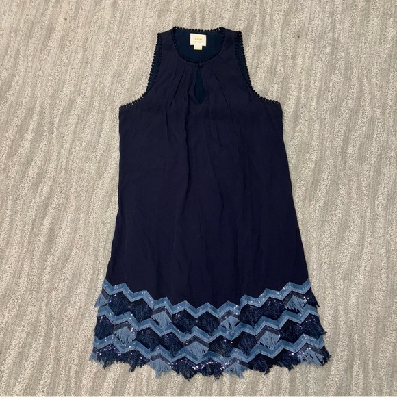 Anthropologie Maeve Boho Festivity Swing Dress Navy Sequin Fringe Size 6 - Picture 2 of 5